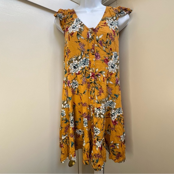 Mustard Floral Tiered Yellow Button down Dress - Picture 1 of 4